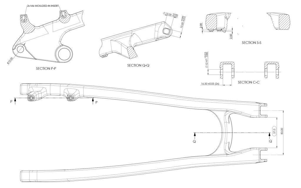 product engineering, creating 2d technical drawing of a bike frame part