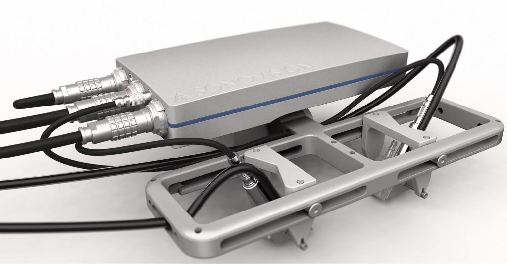 industrial design of an ultrasonic measuring tool, overview with measuring cables installed